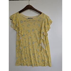 Chaps yellow blue floral‎ SZ S Petite ruffle sleeve blouse